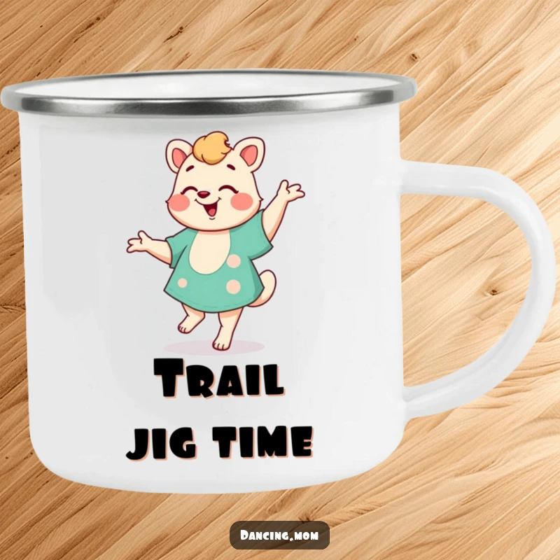 Funny Mom Jig Camping Mug: A dancing mom animal performs a happy jig, ready for outdoor adventures with warm drinks and a dose of funny charm.