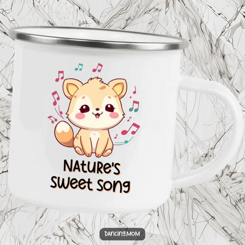 Joyful animal with musical notes swirling, a durable and humorous camping mug for outdoor enjoyment.