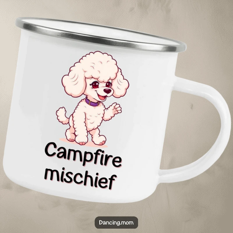 Funny Poodle Prankster Camping Mug: A mischievous poodle grins while dancing, ideal for outdoor fun and dog lovers.