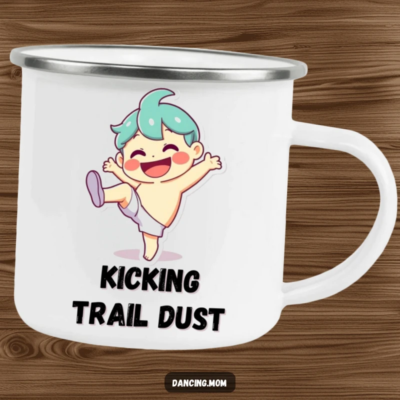 Funny Camping Mug: Energetic character doing a silly kick with a wide smile, a rugged and funny gift for outdoor fun.