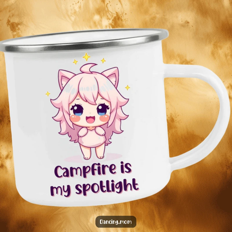 Funny Camping Mug: Proud character in a spotlight, beaming with confidence, a durable and funny gift for adventurers.