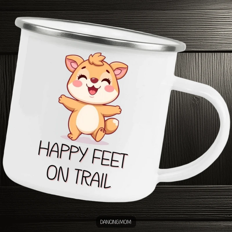 Funny camping mug featuring a playful animal character tapping its feet with a wide smile, perfect for enjoying drinks outdoors with cheer.