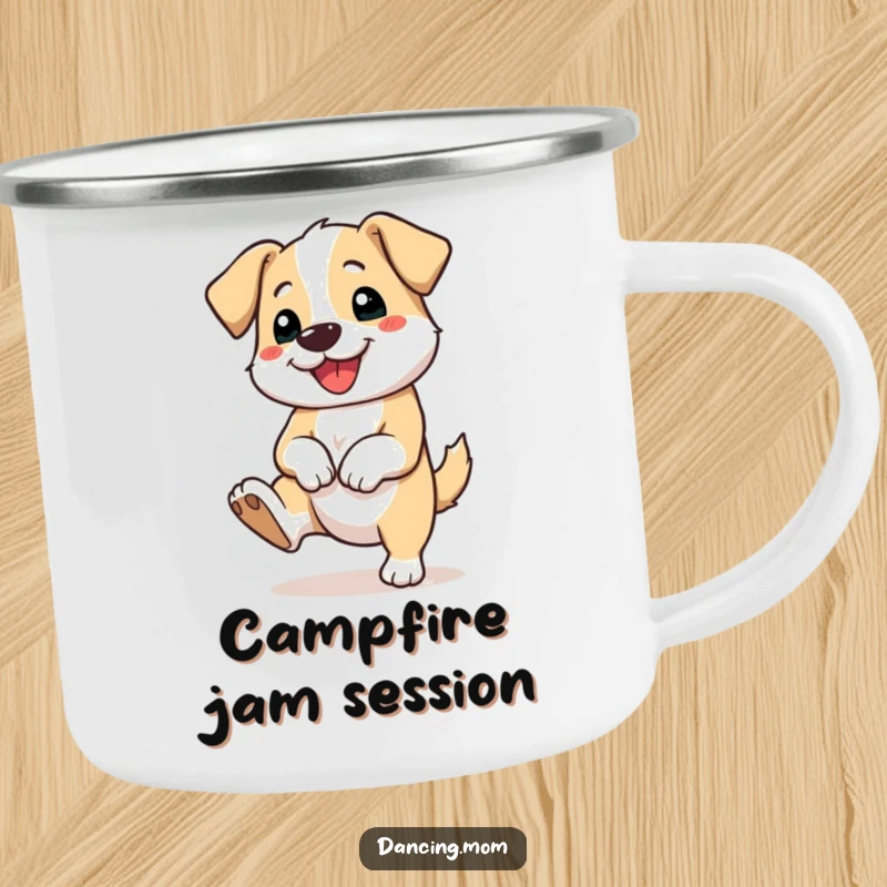 Funny camping mug showing a dog tapping its foot rhythmically, ready for outdoor fun and happy moments.