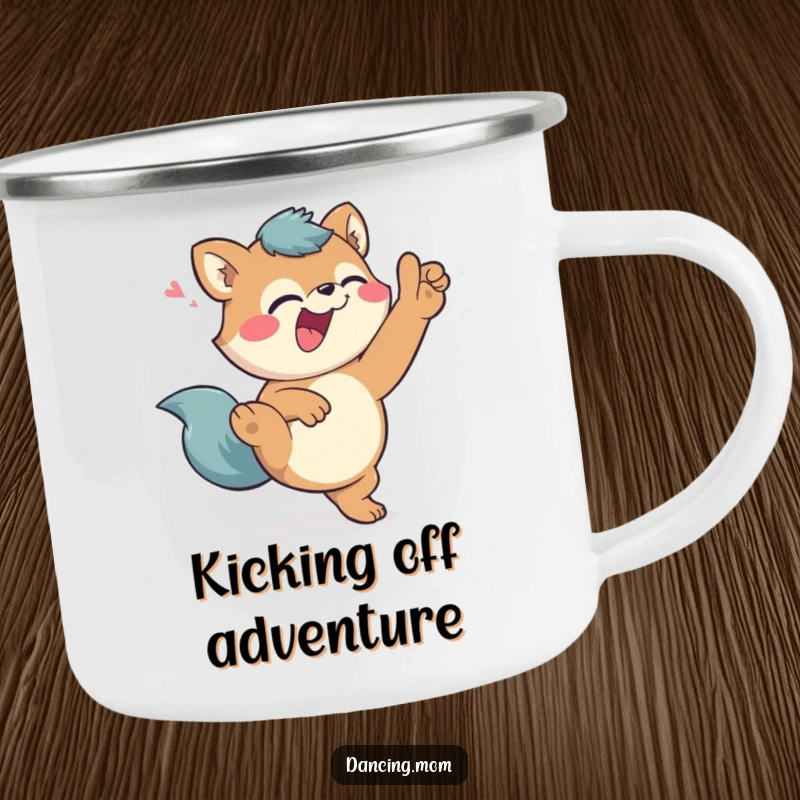 Funny Camping Mug: Giggling animal character doing a high kick with a wink, ready for outdoor fun and laughter.