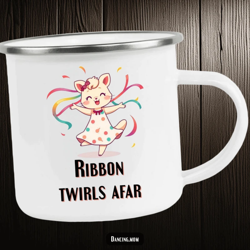 Funny camping mug with a dancing mom animal spinning with flowing ribbons, perfect for outdoor fun, a visually striking funny gift.