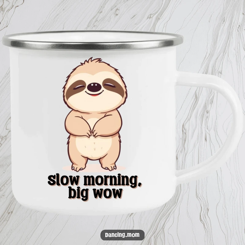 Funny Sloth camping mug featuring a happy sloth grooving slowly with blissful closed eyes, perfect for enjoying drinks outdoors.