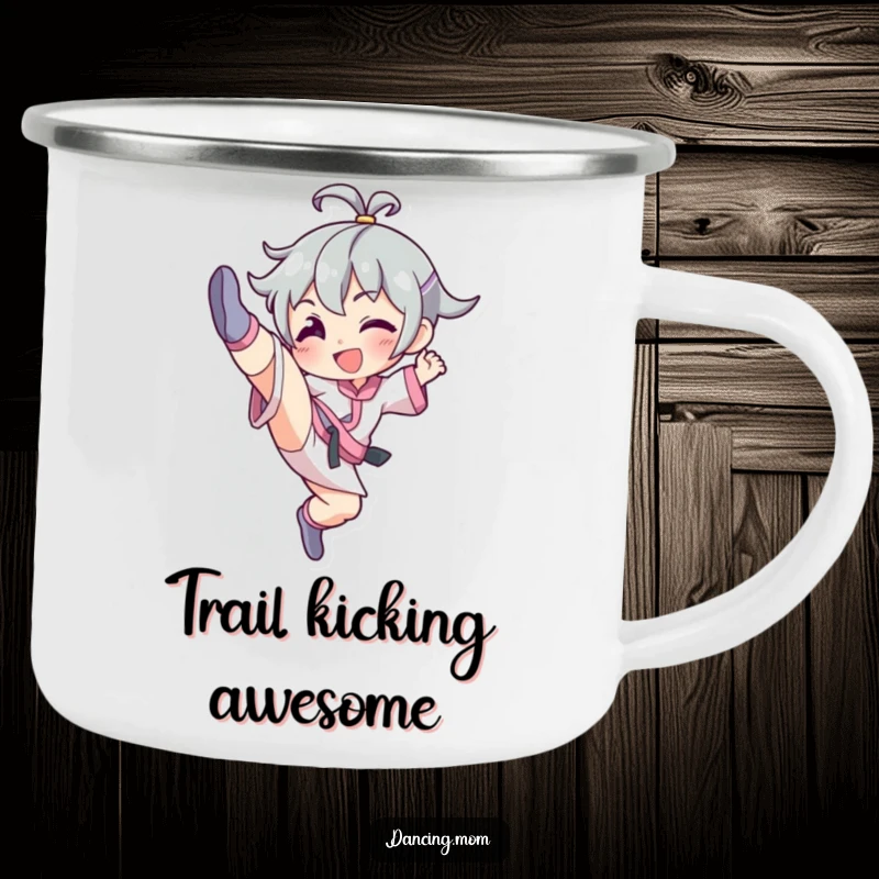 Funny camping mug featuring a character executing a graceful high kick, ready for any outdoor escapade.