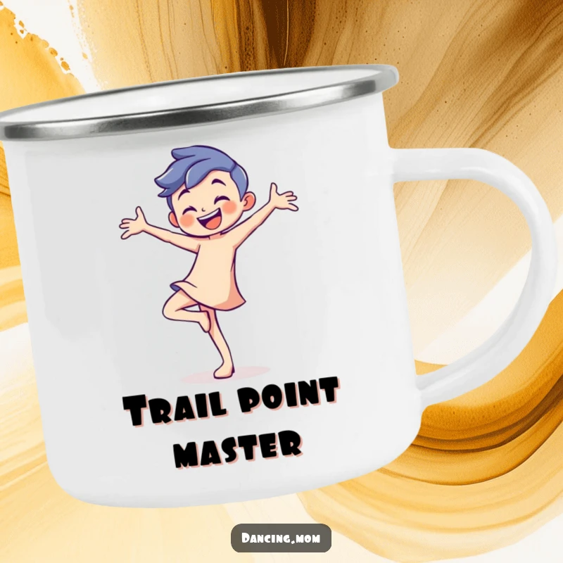 Funny camping mug featuring a playful dancer with a confident grin, balancing on one toe.