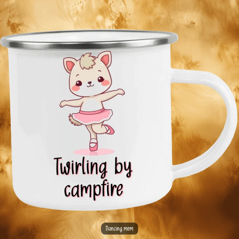Funny kawaii dancing animal character in ballet shoes, twirling outdoors, printed on a durable camping mug.