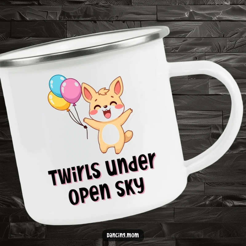 Funny camping mug featuring an excited animal character twirling with balloons, perfect for enjoying drinks outdoors with a festive spirit.