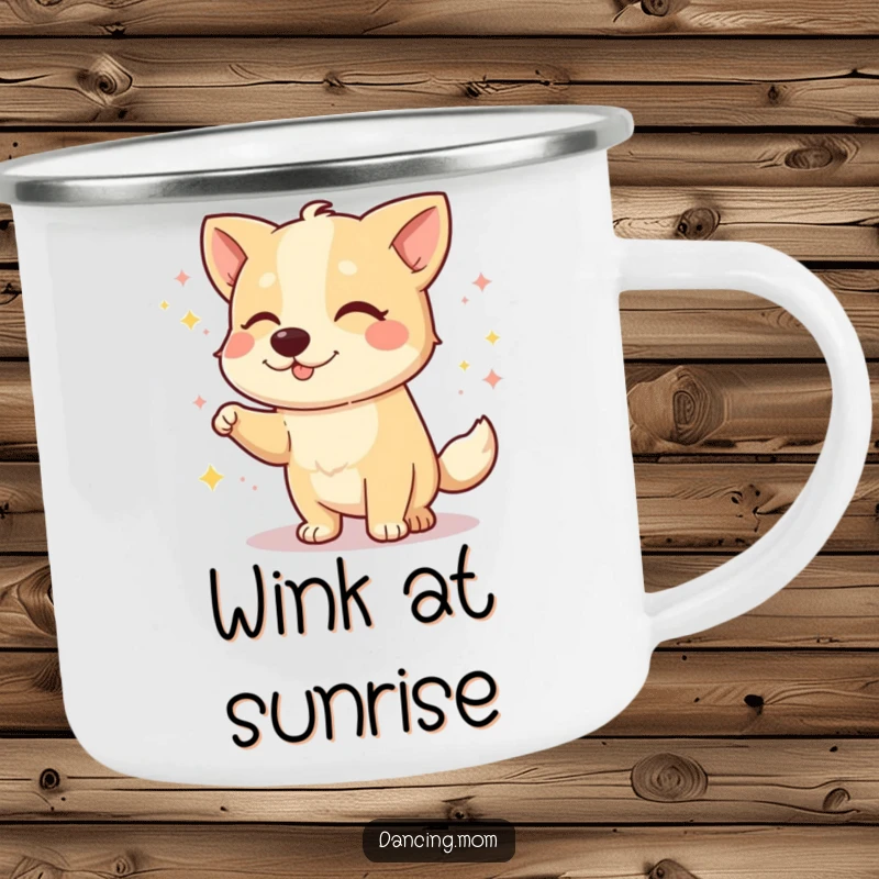 Funny dog camping mug showing a dog winking playfully during a dance, perfect for outdoor sipping with humor.