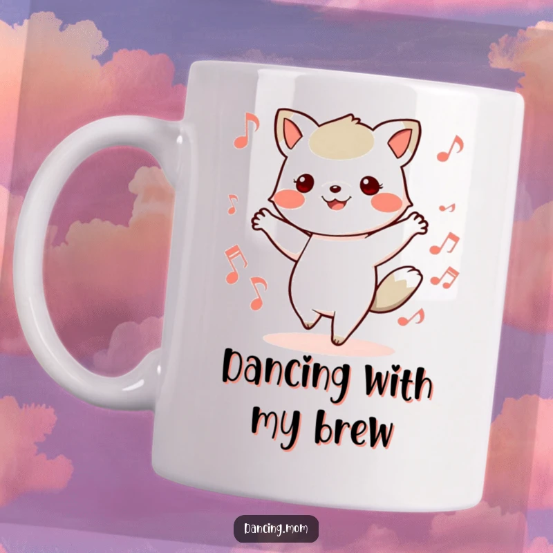 Funny mug featuring a kawaii dancing animal with feet in motion, surrounded by musical notes, embodying pure musical joy.