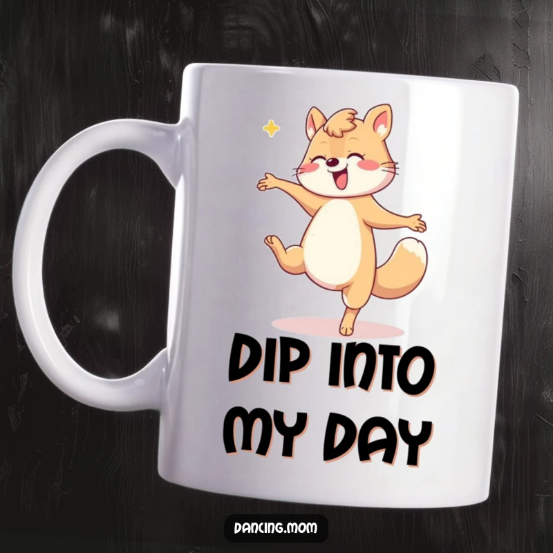 Funny Mom Dip Mug: A dancing mom animal performs a dramatic dip with flair, showcasing elegance and a love for theatrical poses, a funny gift.