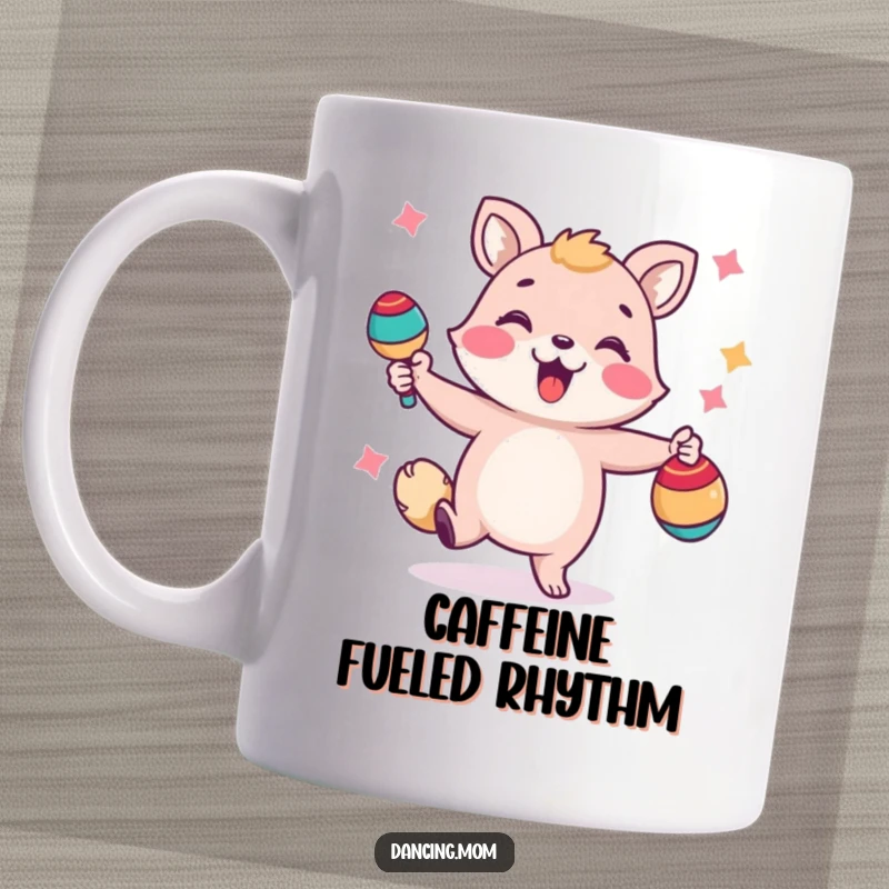 Funny mug with a joyous animal energetically shaking maracas, radiating a festive and happy party vibe.