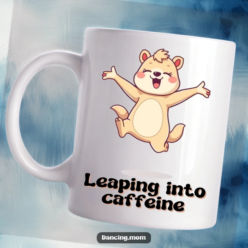 Funny mug depicting a dancing mom animal leaping gracefully with arms outstretched, radiating a joyful, energetic vibe, perfect funny gift.