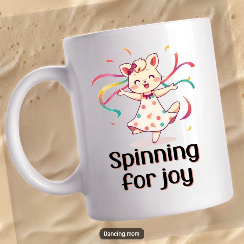 Funny mug featuring a dancing mom animal spinning joyfully with colorful ribbons flowing, creating a mesmerizing visual, great funny gift.