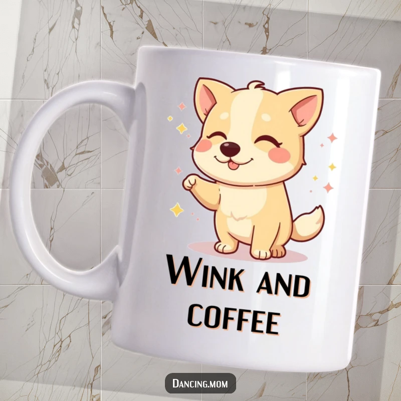 Funny dog mug showing a dog winking with a playful twinkle during a happy dance, full of charm and humor.