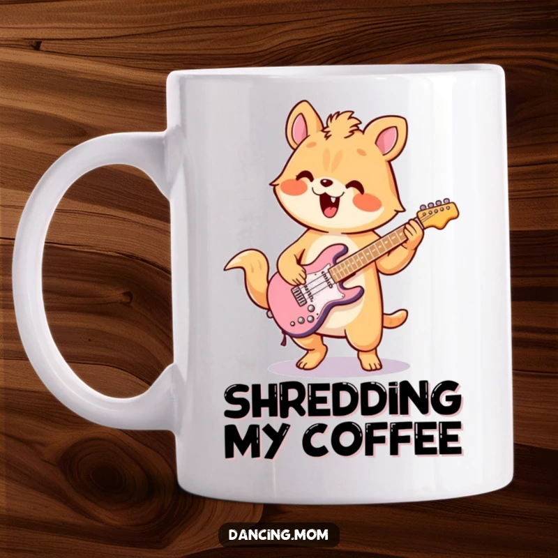 Funny mug featuring a kawaii animal enthusiastically playing an air guitar with impressive flair and rockstar energy.