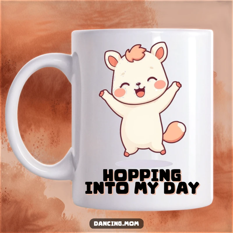 Funny mug featuring a kawaii dancing animal mid-hop with a wide, happy expression, radiating playful energy.