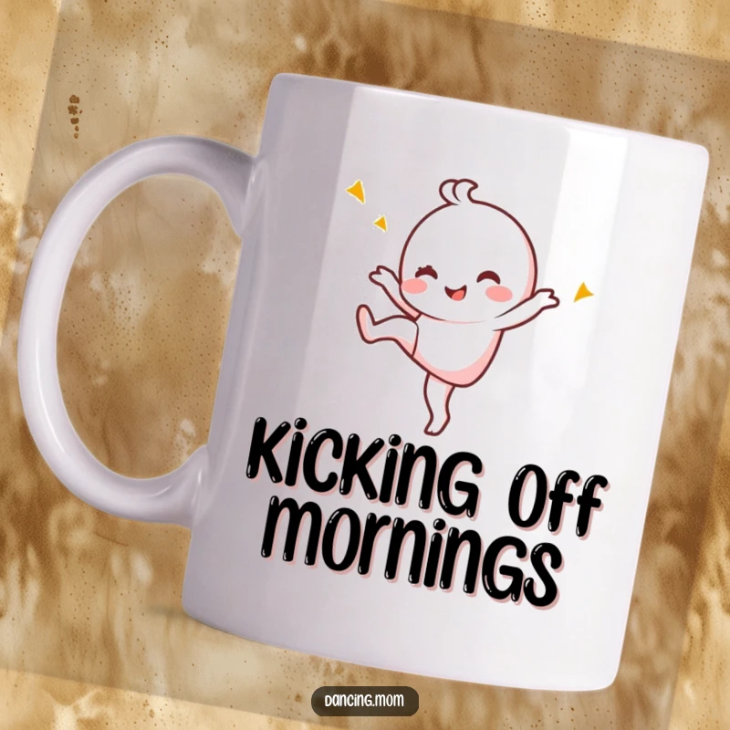 Funny Mug: Kawaii dancing character kicking one leg up high with a big smile and a playful wink.