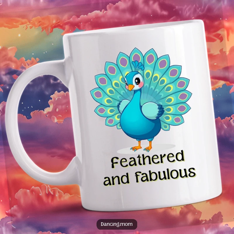 Funny Peacock mug featuring a playful peacock spreading its magnificent tail feathers in a dynamic dance display, perfect for adding flair.