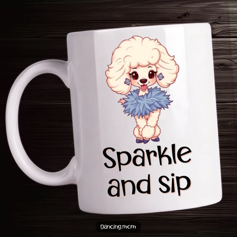 Funny mug showcasing a sophisticated poodle with sparkly earrings, elegantly twirling with a luxurious feathered boa.