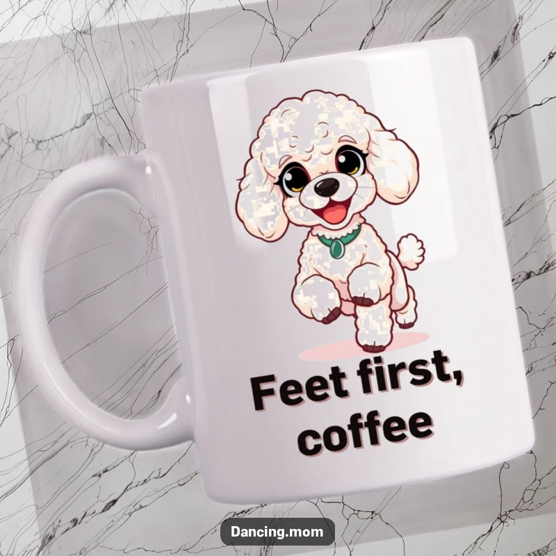 Funny Poodle Happy Shuffle Mug: A poodle with wide, delighted eyes does a lively shuffle with tiny feet, radiating pure joy.