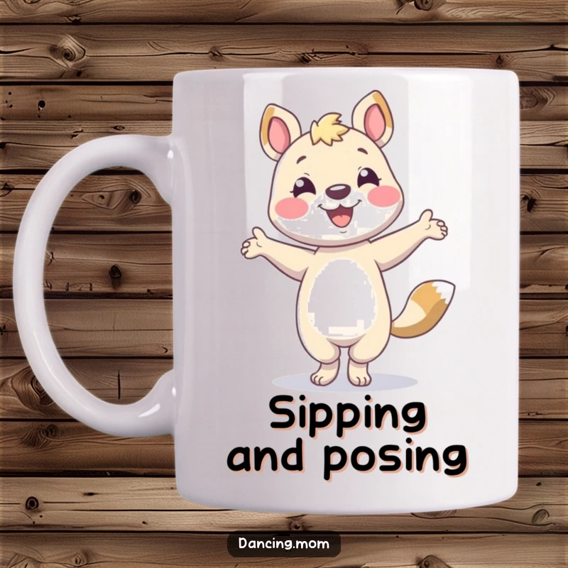 Funny animal character smiling brightly while striking a confident dance pose on a mug.