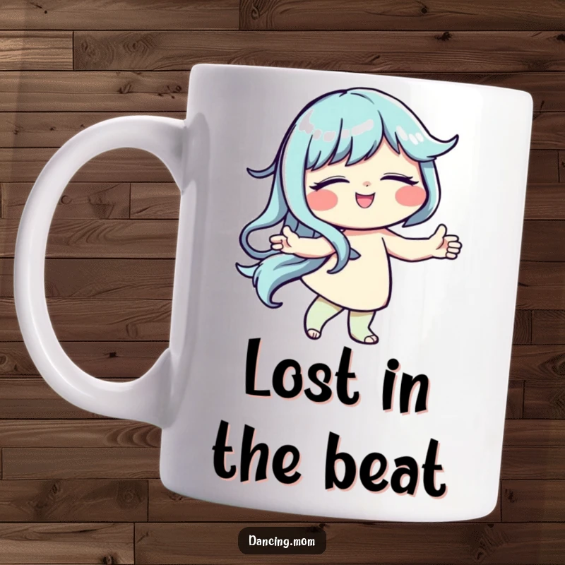 Funny mug depicting a serene character dancing with eyes closed and a tranquil smile, lost in the music.