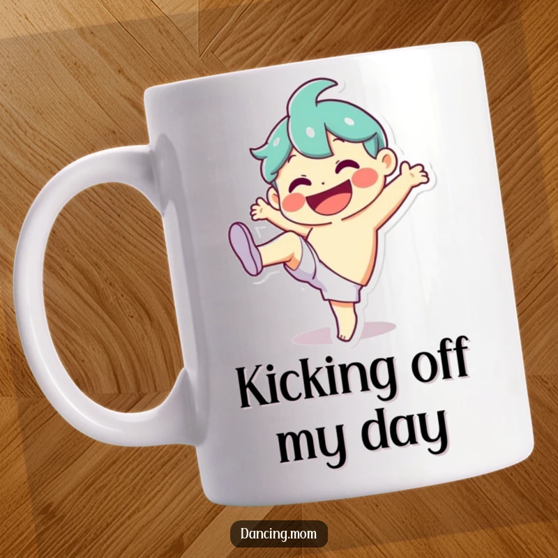 Funny Mug: Energetic character doing a silly kick with a massive smile, spreading joy and humor as a funny gift.