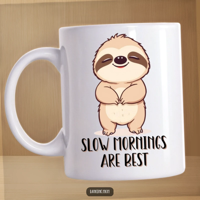 Funny Sloth mug featuring a happy sloth grooving slowly with a blissful, closed-eyed expression, perfect for enjoying beverages at a relaxed pace.