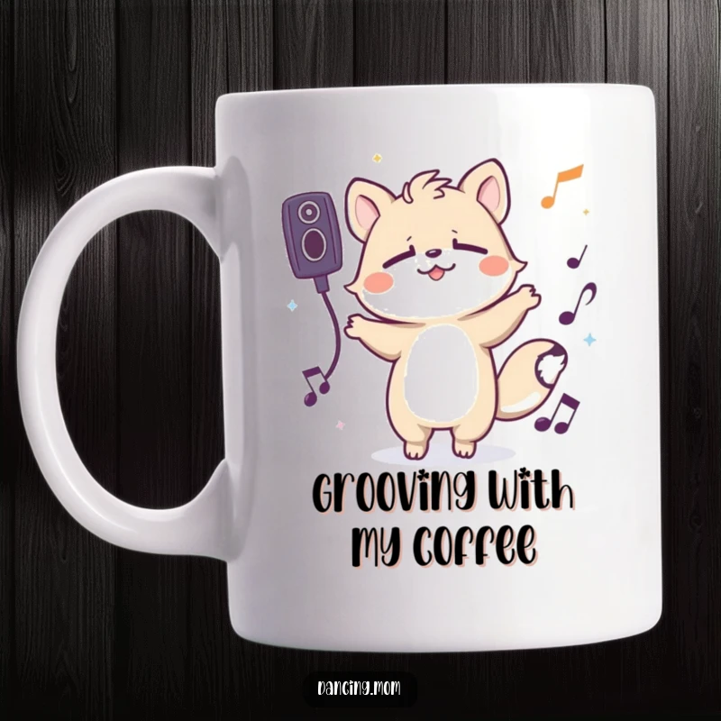 Funny mug featuring a spirited animal character deeply grooving to unseen music with eyes closed, radiating blissful enjoyment.