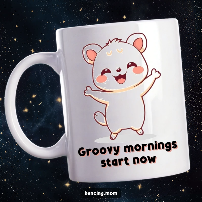 Funny Kawaii Shimmy Mug: A cute Kawaii animal does a happy shimmy, radiating pure delight with a wide, cheerful grin.