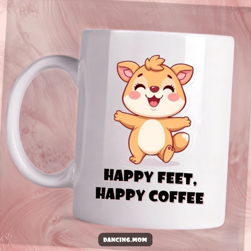Funny mug showcasing a playful animal character tapping its feet with a wide, infectious smile, radiating pure happiness.