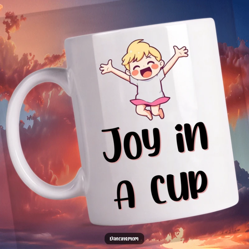 Funny mug featuring a joyful character with arms wide open, leaping high in the air with pure happiness.