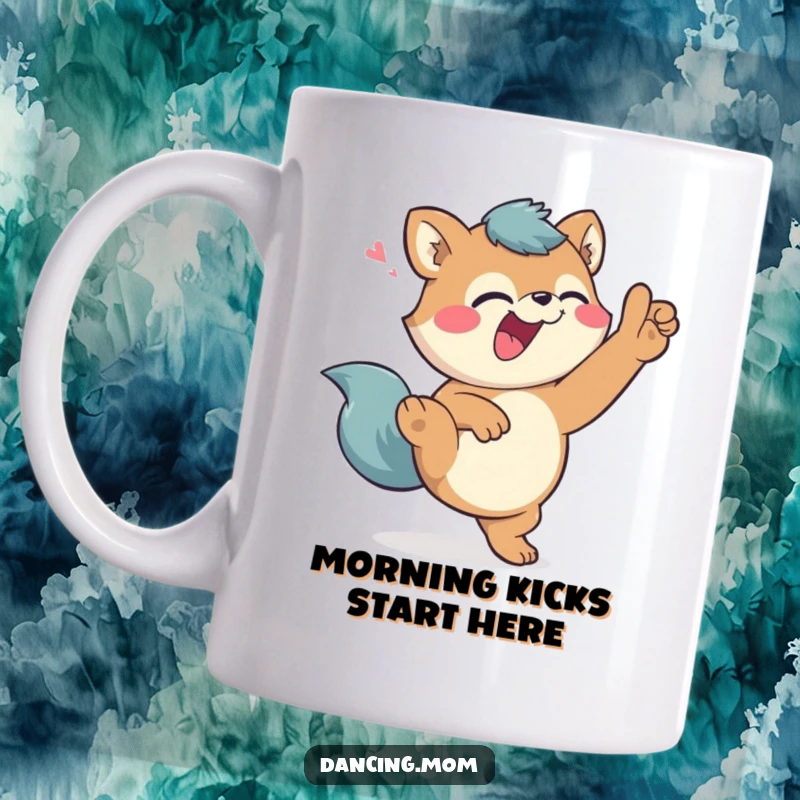 Funny Mug: Giggling animal character performing a high kick with a joyful expression and a playful wink, full of comedic energy.