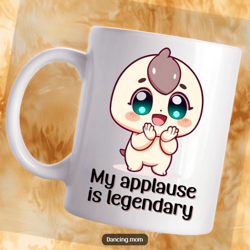 Funny Mug: Cheerful character clapping with wide, happy eyes, celebrating with pure enthusiasm and joy, perfect for a funny gift.