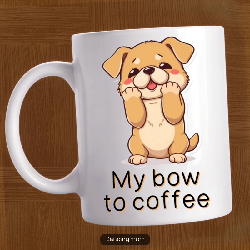 Funny mug capturing a dog executing a dramatic bow with paws flourished, showcasing showmanship and comedic grace.