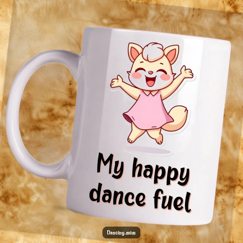 Funny mug featuring a dancing mom animal twirling joyfully, radiating happiness and energetic vibes, a perfect funny gift for moms.