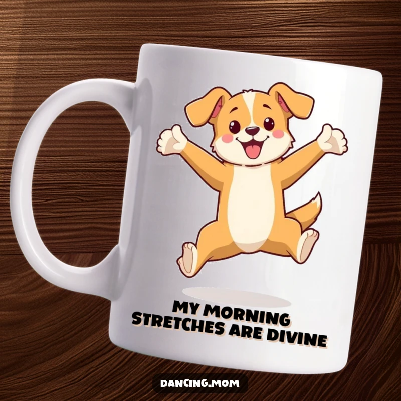 Funny mug showcasing an elegant dog leaping gracefully with arms extended, capturing a moment of pure, humorous athleticism and poise.