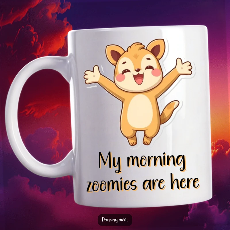 Funny mug featuring a happy animal character with arms wide open, leaping energetically with pure excitement and joy.