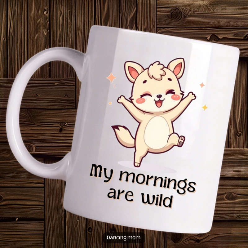 Funny animal mug winking and doing a cartwheel, showcasing its energetic and playful dance moves with a cheeky grin.