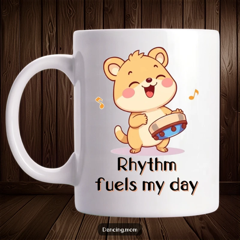 Funny animal character giggling gleefully while playing a tambourine with energetic and infectious rhythm, depicted on a mug.