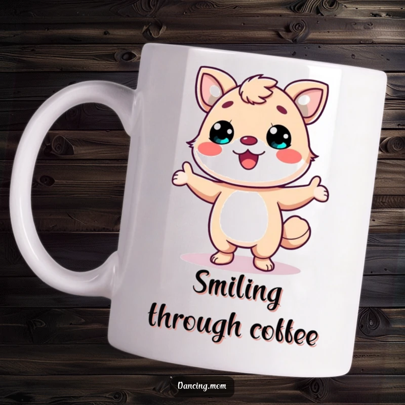 Funny mug featuring a kawaii dancing animal with a wide, beaming smile, striking a confident and fun pose.