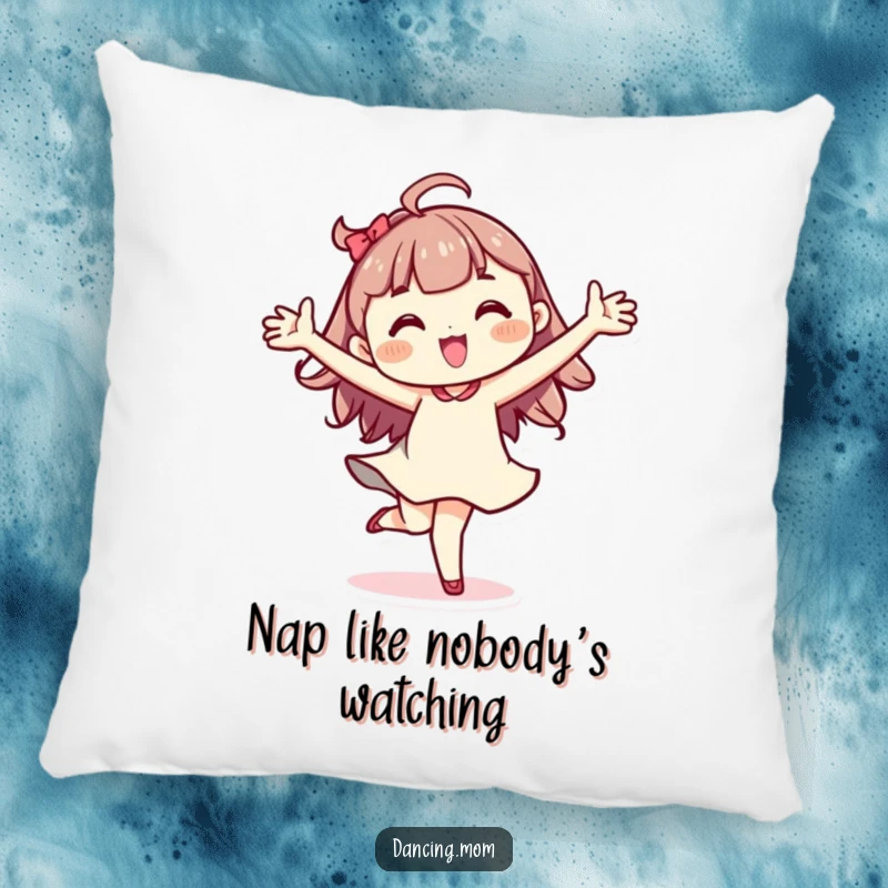 Funny Kawaii dancer pillow with a character in a spirited pirouette, arms wide, ready for a cozy nap.
