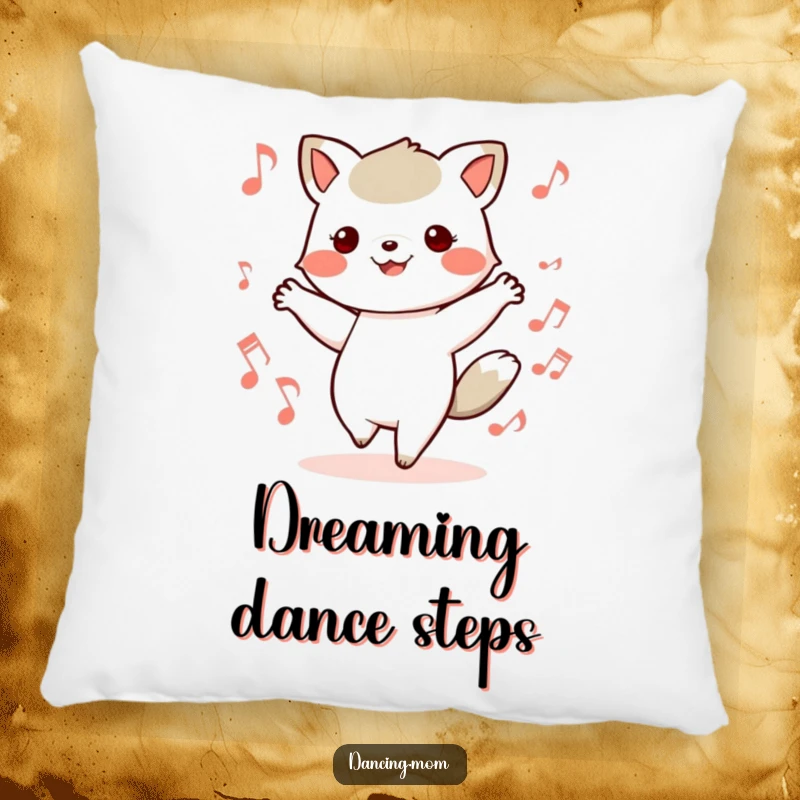 Funny decorative pillow featuring a kawaii animal with feet in motion, surrounded by musical notes, embodying rhythm.
