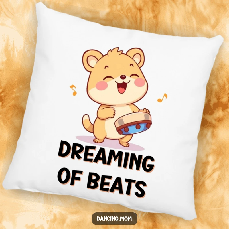 Funny animal character playing a tambourine with infectious rhythm, depicted on a soft and decorative pillow.