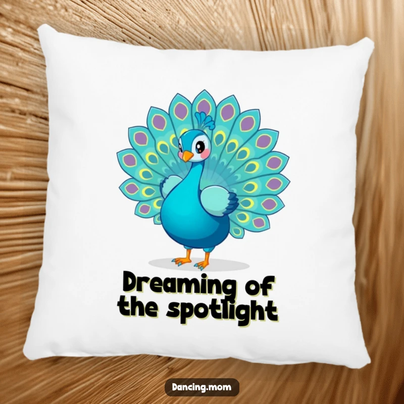Funny Peacock pillow featuring a playful bird displaying its colorful tail feathers in a dance, adding comfort and vibrant humor.