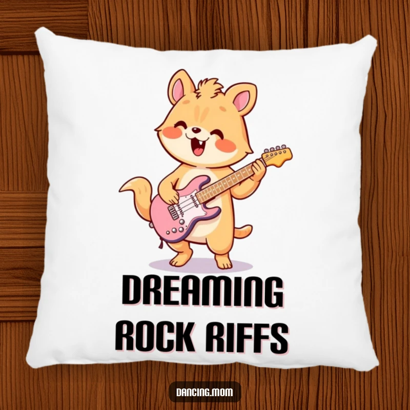 Funny pillow with a soft texture, depicting a kawaii animal enthusiastically playing an air guitar with rockstar flair.