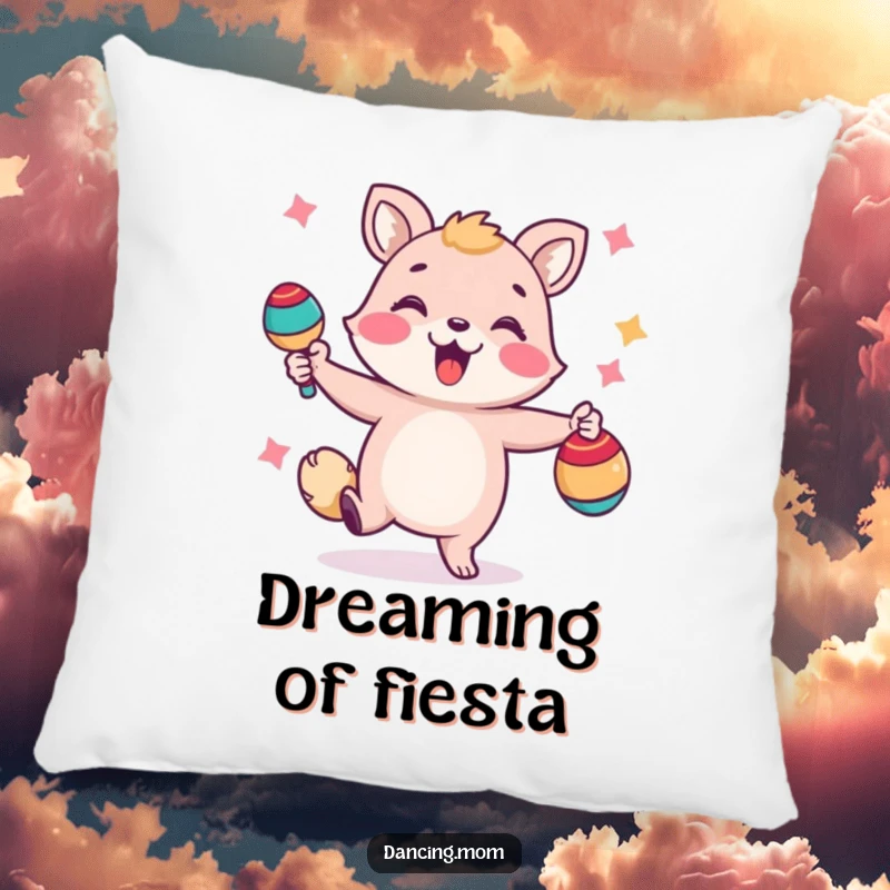 Funny pillow featuring a happy animal shaking maracas, adding a comfortable and festive touch to any room.